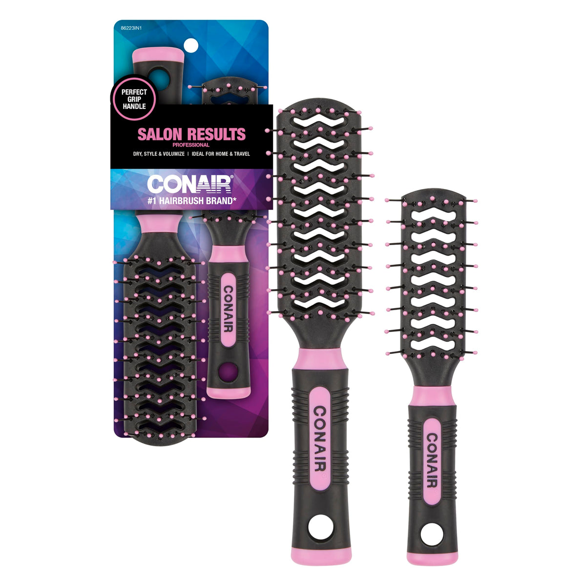 Conair Hair Brush Set, Grip & Lift Vent, Full-Size & Mid-Size, Black