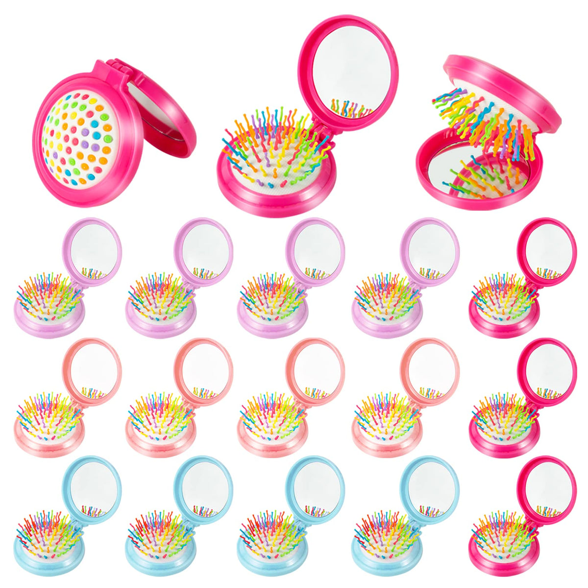 ONLYFU 18 Pcs Folding Travel Mirror Hair Brushes Round Folding Pocket Hair Brush Mini Portable Compact Hair Brush with Mirror for Women Girls