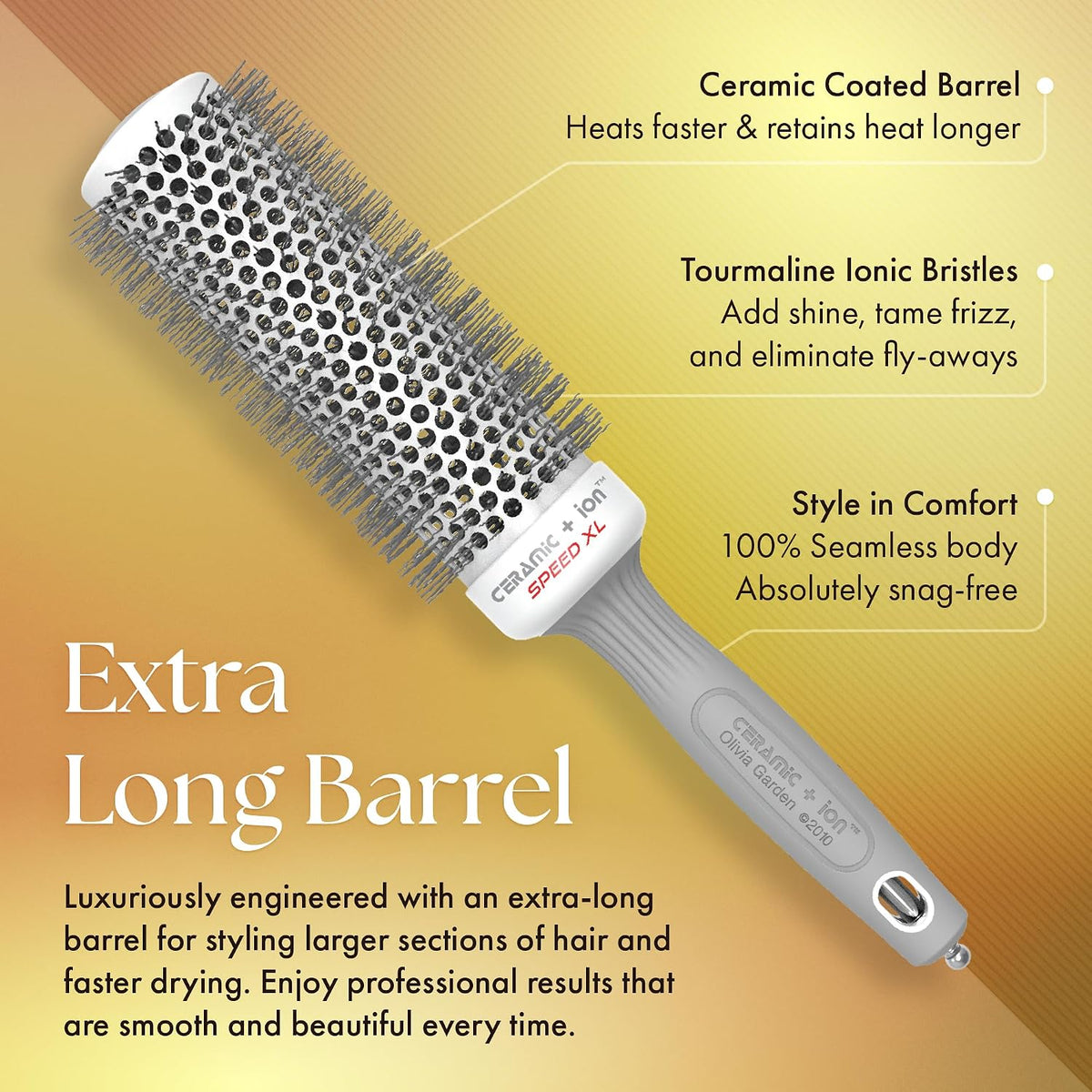 Olivia Garden Ceramic + Ion Speed XL - Extra-Long Round Thermal Hair Brush - Not Electrical - Professional Blowout Brush for Normal to Thick Hair