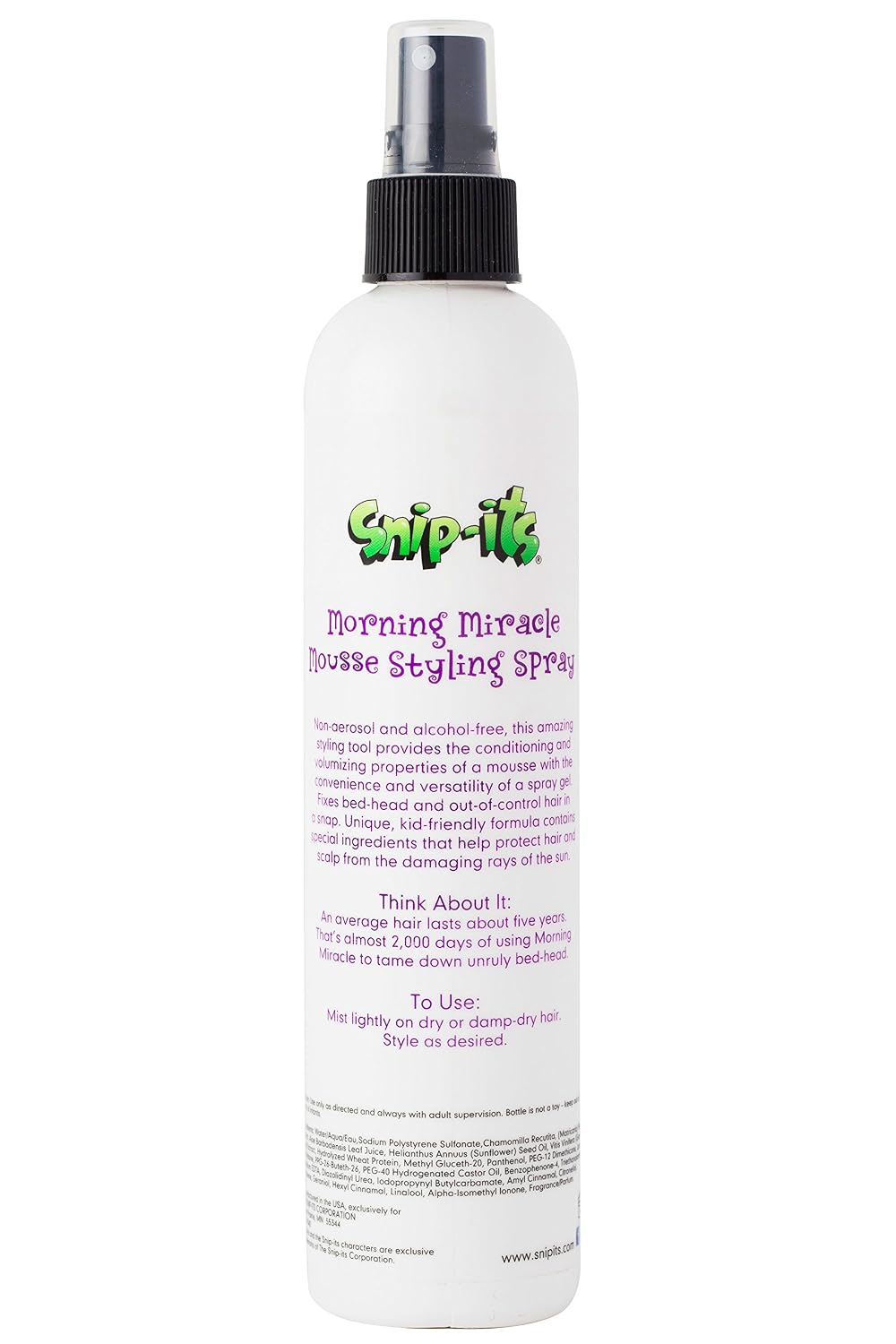 Snip-its Morning Miracle Natural Hair Mousse Spray 10oz | Light Hold Kids Styling Product - Tropical Scented Gel Alternative for Unruly Curly Hair - Made in USA | Salon Quality