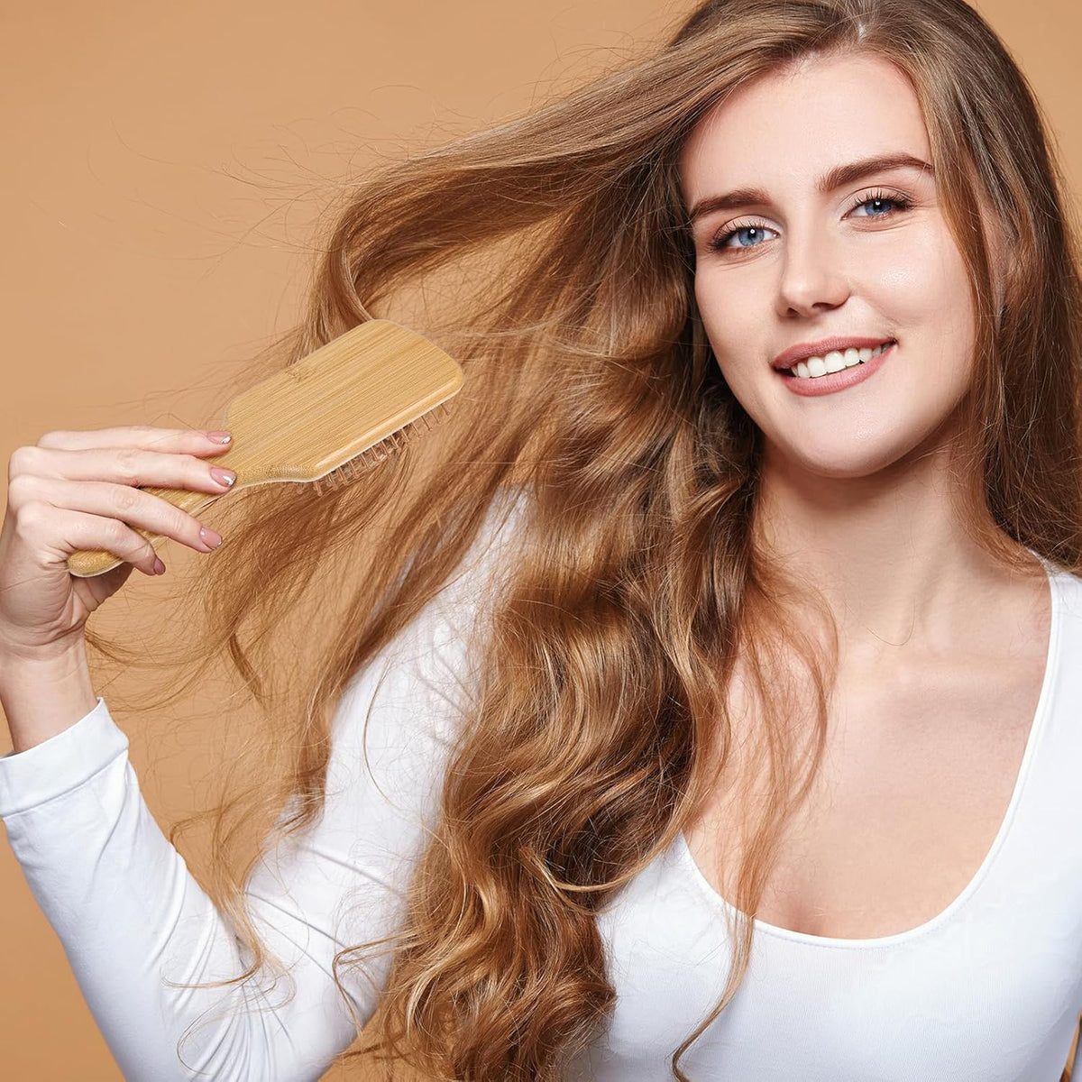 10 Pcs Bamboo Hair Brush, Bulk Round-tipped Bamboo Bristles Detangling Brush Paddle Lightweight Massage Anti Static for Women Men and Children, Stimulates Scalp for Hair Growth (Large, Count, 10)