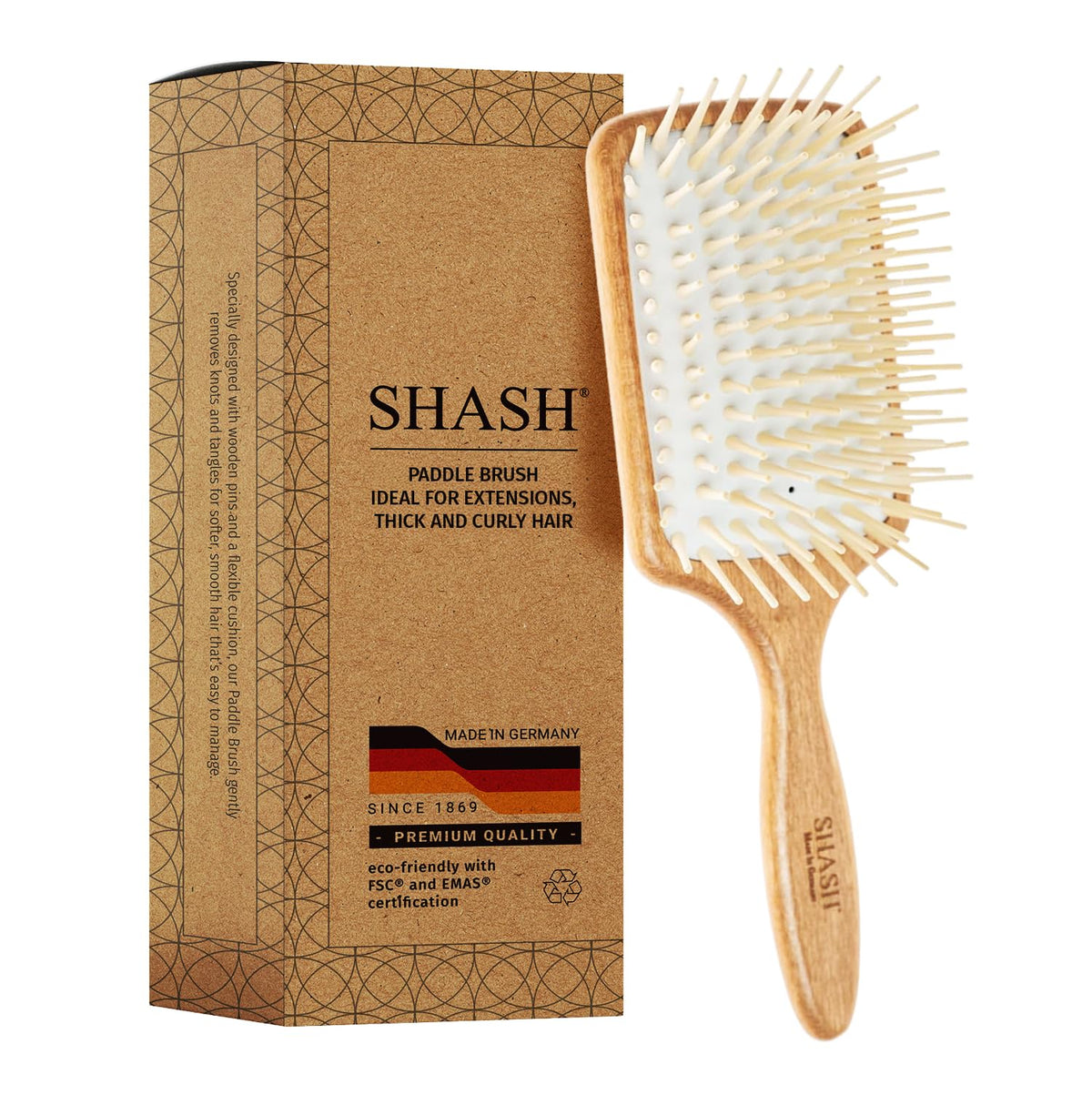 SHASH Since 1869 Made in Germany Wooden Paddle Brush - Gently Detangles, Styles, Conditions Hair with Minimal Frizz and Breakage - Safe for All Hair Types, Wet or Dry - Eco-Sourced Wood