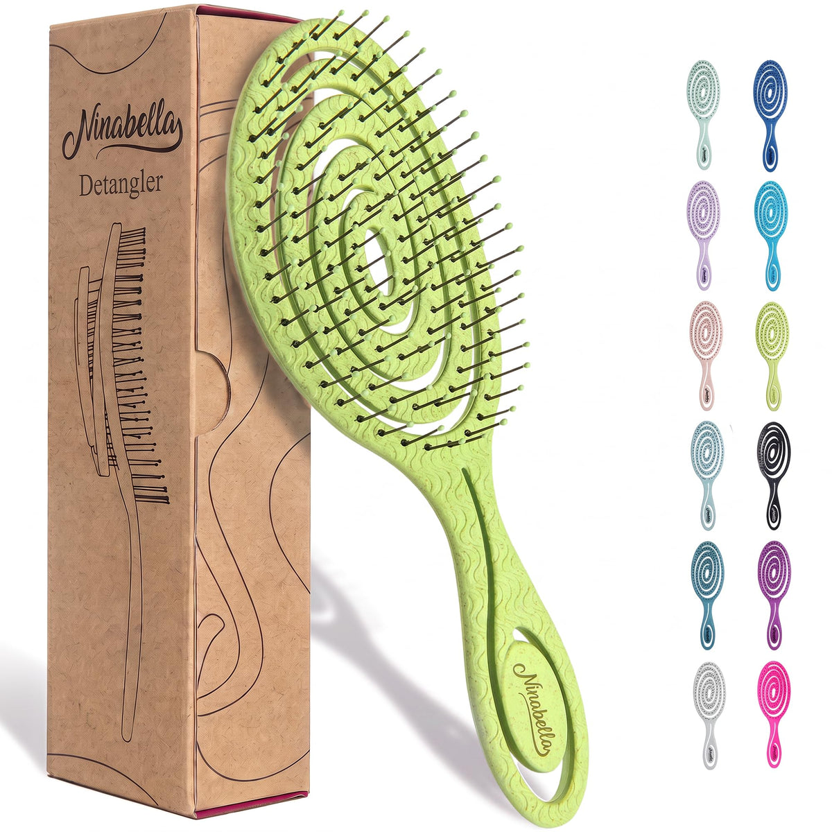 Ninabella Detangler Brush - No Tangle Hair Brush for Women, Fine, Thick and Long Hair - Hairbrush for Wet and Dry Hair, Gentle on the Scalp - Green