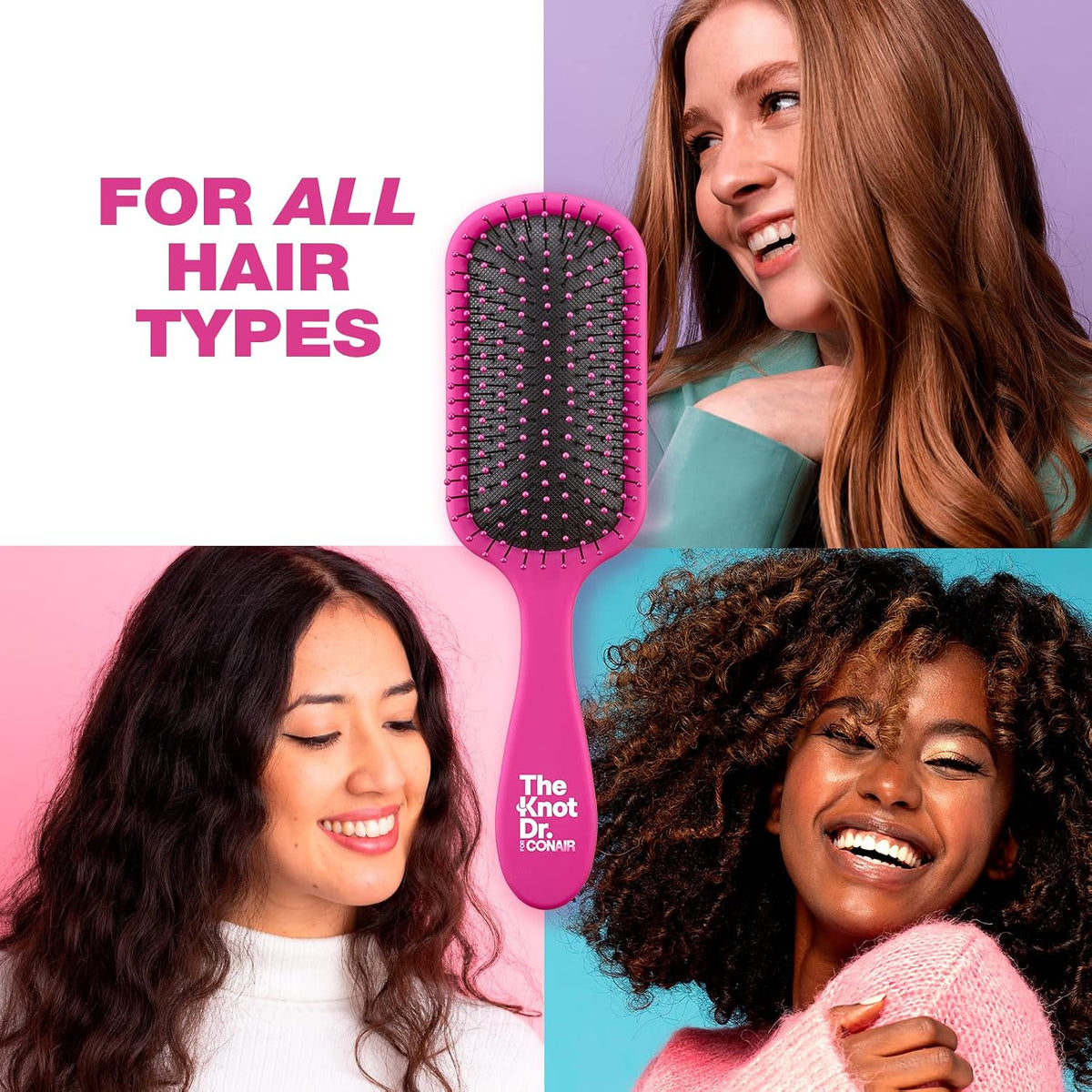 The Knot Dr. hair brush by Conair - Detangling hair brush - Removes Knots and Tangles in wet or dry Hair - hair brushes for women - Pink