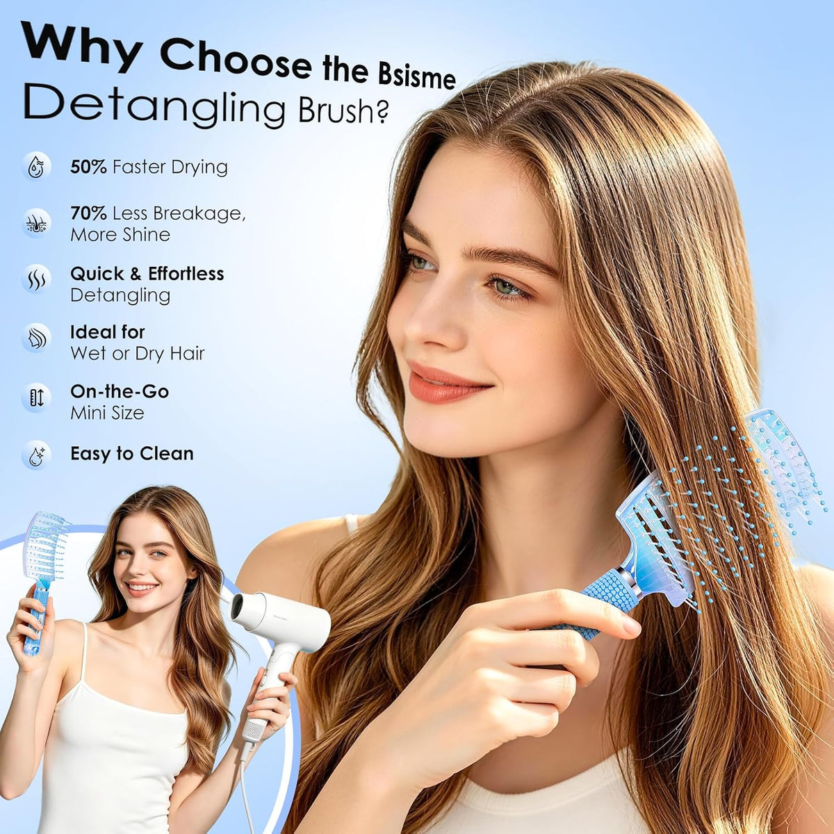 Hair Brush, Large & Mini Curved Vented Detangler Brushes for Women Girls