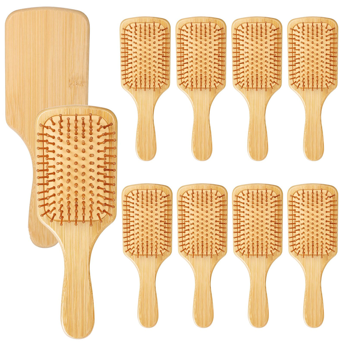 10 Pcs Bamboo Hair Brush, Bulk Round-tipped Bamboo Bristles Detangling Brush Paddle Lightweight Massage Anti Static for Women Men and Children, Stimulates Scalp for Hair Growth (Large, Count, 10)