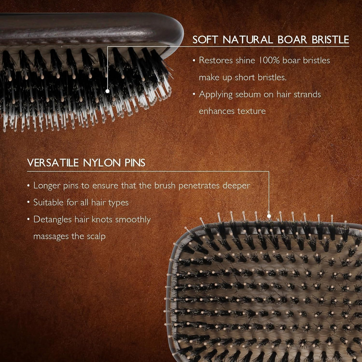 Boar Bristle Hair Brush Set, Soft Bristle Detangler for Enhancing Shine