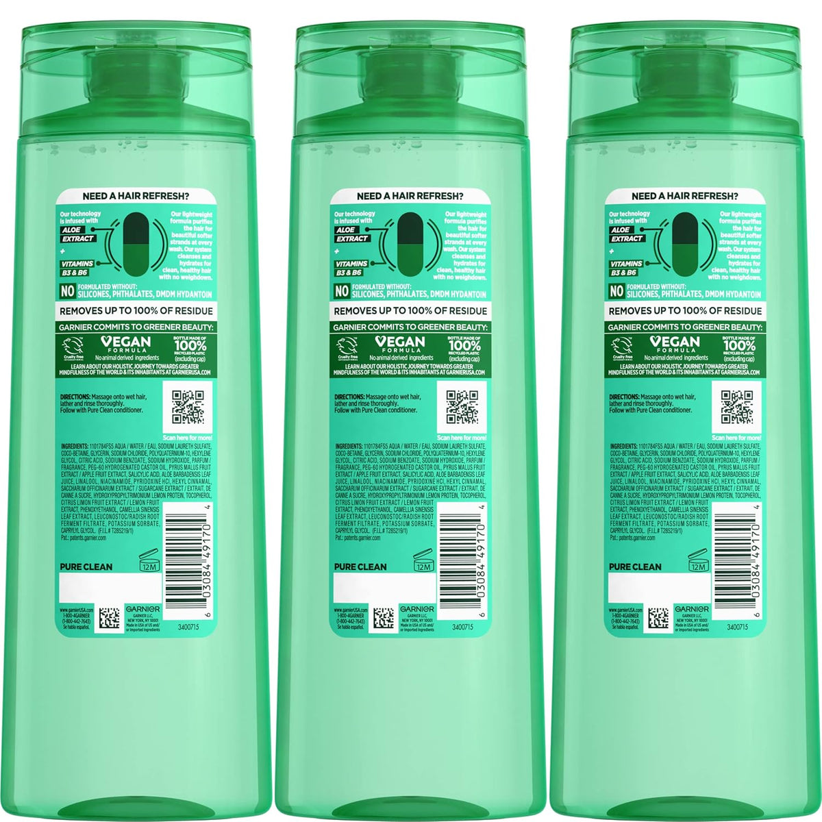 Garnier Fructis Pure Clean Purifying Shampoo, Silicone-Free, 12.5 Fl Oz, 3 Count (Packaging May Vary)