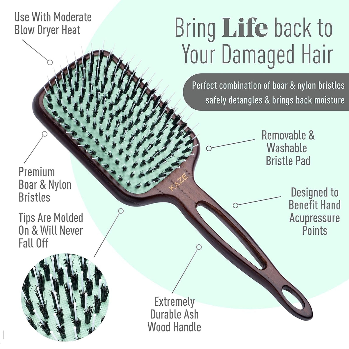 MINT Kaze Eco-Friendly Boar Bristle Paddle Hair Brush for Women