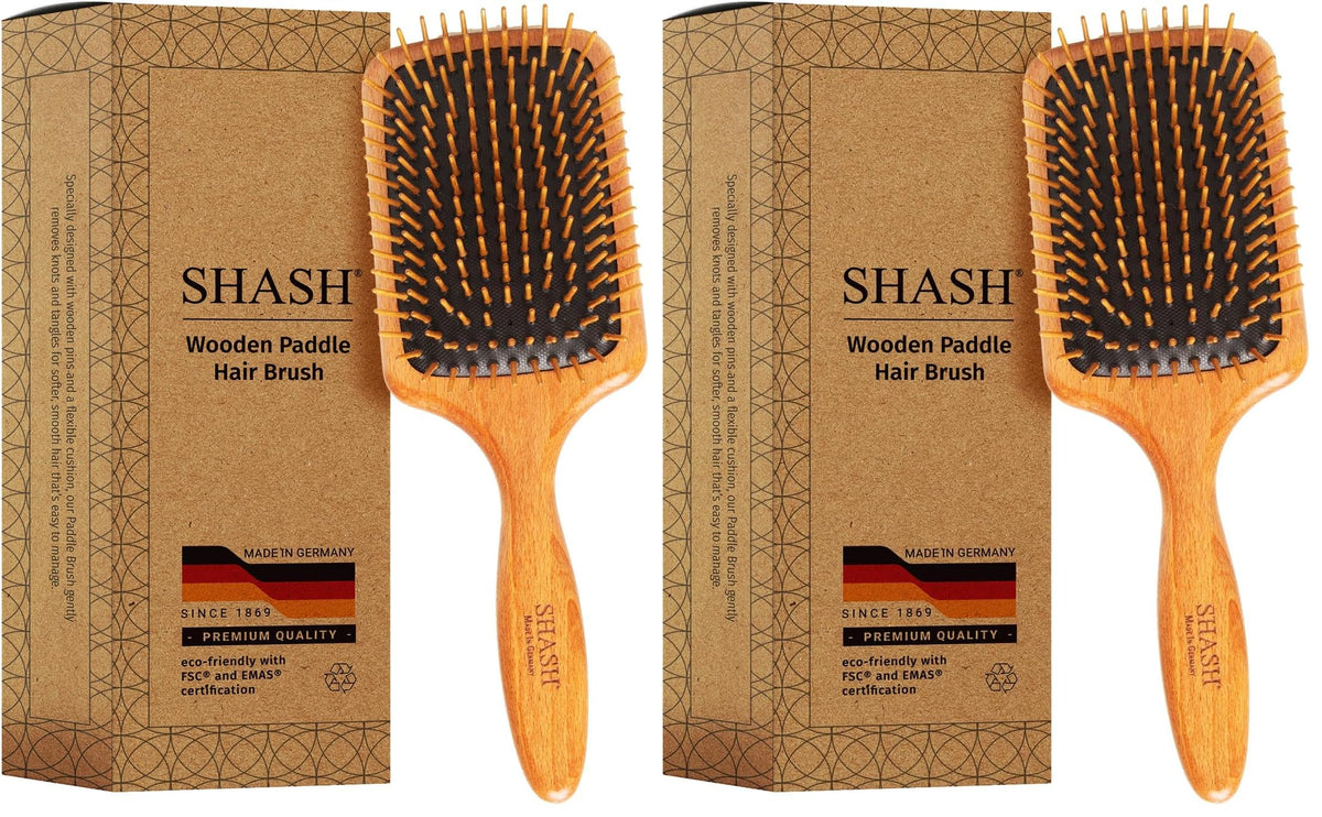 SHASH Since 1869 Made in Germany Wooden Paddle Brush - Gently Detangles, Styles, Conditions Hair with Minimal Frizz and Breakage - Safe for All Hair Types, Wet or Dry - Eco-Sourced Wood