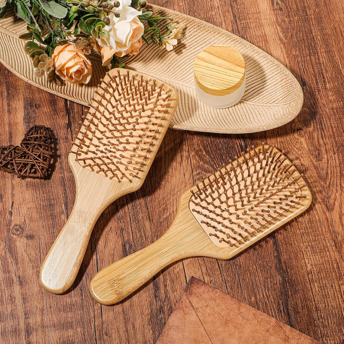10 Pcs Bamboo Hair Brush, Bulk Round-tipped Bamboo Bristles Detangling Brush Paddle Lightweight Massage Anti Static for Women Men and Children, Stimulates Scalp for Hair Growth (Large, Count, 10)